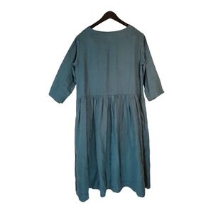 Len Ok LO Linen Boho Lagenlook Beach Vacation 3/4 Sleeve Green Dress Pockets M